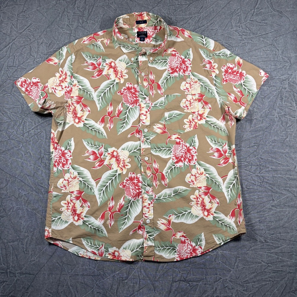 J.Crew Button Down Mens XL Tan Floral Flex Washed Slim Fit Short Sleeve Shirt